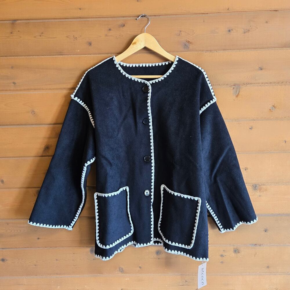 Utcoco Cassidy Coatigan Coat Cardigan Stitched Tonal Black Cream NWT M Preppy - Picture 2 of 5